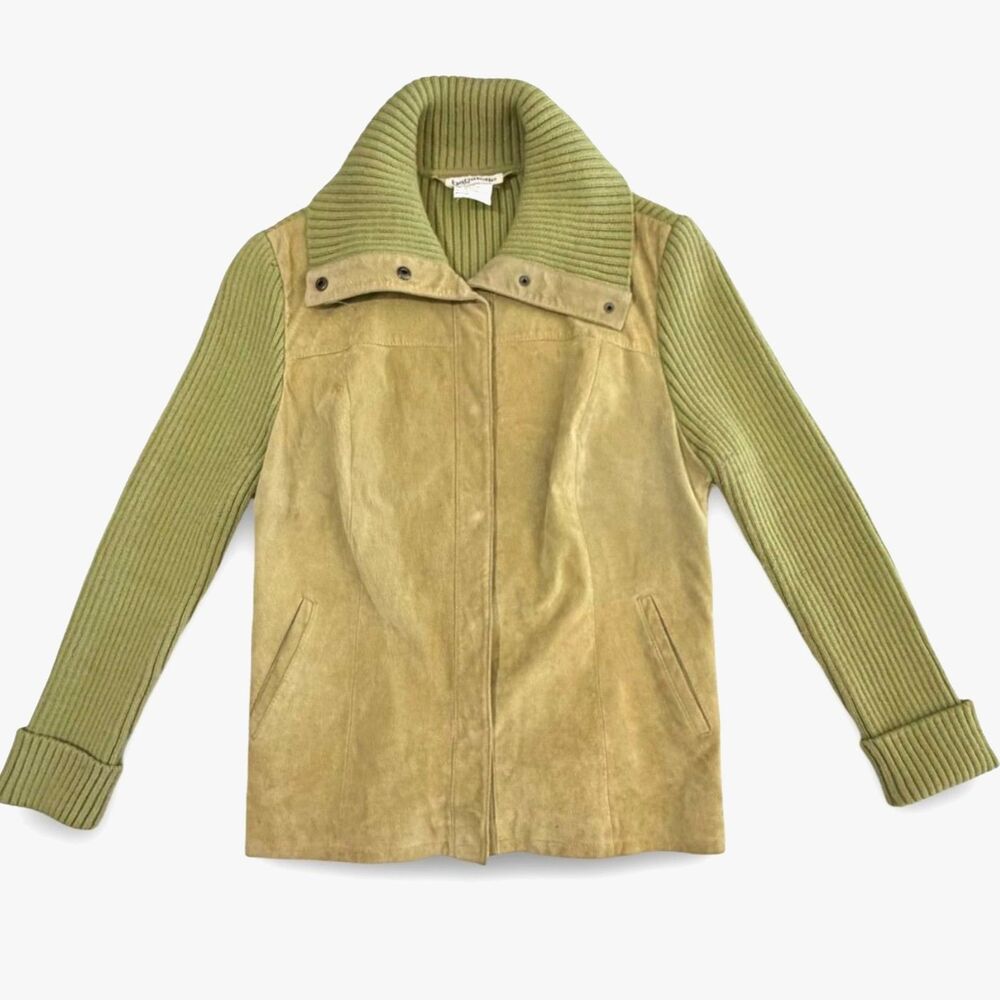 VTG 90s Bagatelle Green Genuine Suede, Ribbed Sweater Sleeve Jacket, 1X Collared